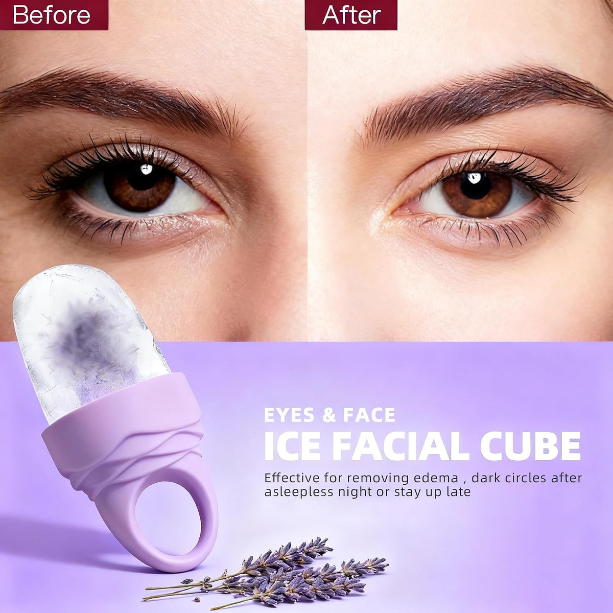 3 Pack Ice Roller for Face, Facial Ice Roller Silicone Mold Reusable for Face Women and Eye Neck Cold Skin Care Tools Freezer De Puff Eye Bags Reduce Migraine Pain Pink 1 + Purple 2
