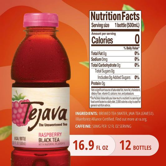 Tejava Unsweetened Raspberry Black Iced Tea, 16.9oz PET Bottles, Award Winning, Non-GMO-Verified, from Rainforest Alliance-Certified farms (12 Pack)