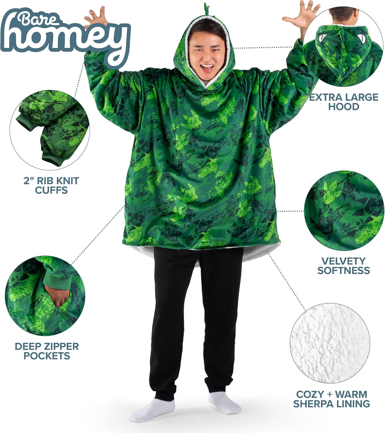 Bare Home Wearable Blanket Hoodie - Soft Plush Sherpa - Warm and Cozy - Oversized Wearable Blanket