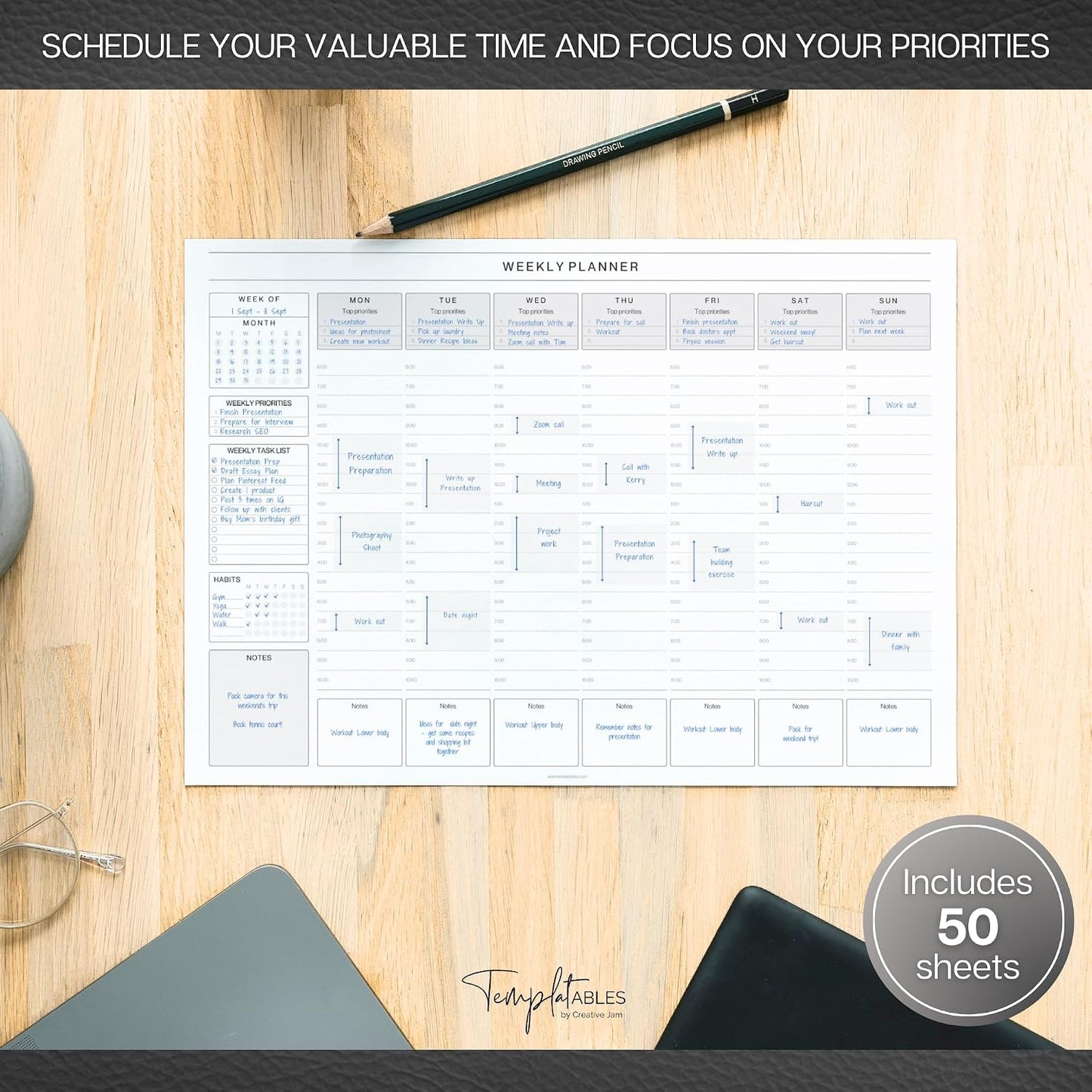 Weekly Hourly Planner Notepad, Daily Planner Desk Pad, Weekly Schedule, To Do List Note Pad, ADHD Planner | 50 Undated Tear Away Sheets | A4 (Rainbow)