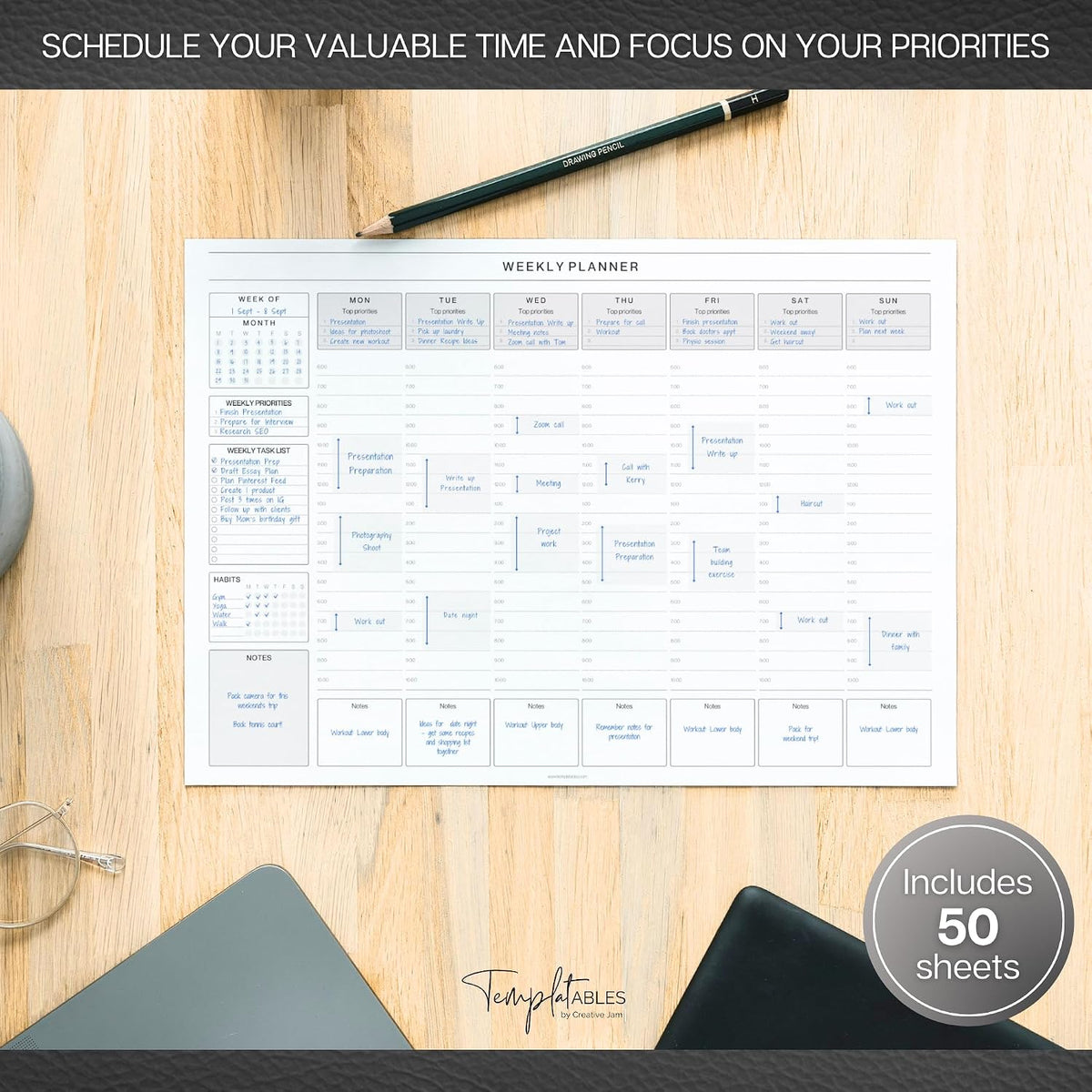 Weekly Hourly Planner Notepad, Daily Planner Desk Pad, Weekly Schedule, To Do List Note Pad, ADHD Planner | 50 Undated Tear Away Sheets | A4 (Rainbow)