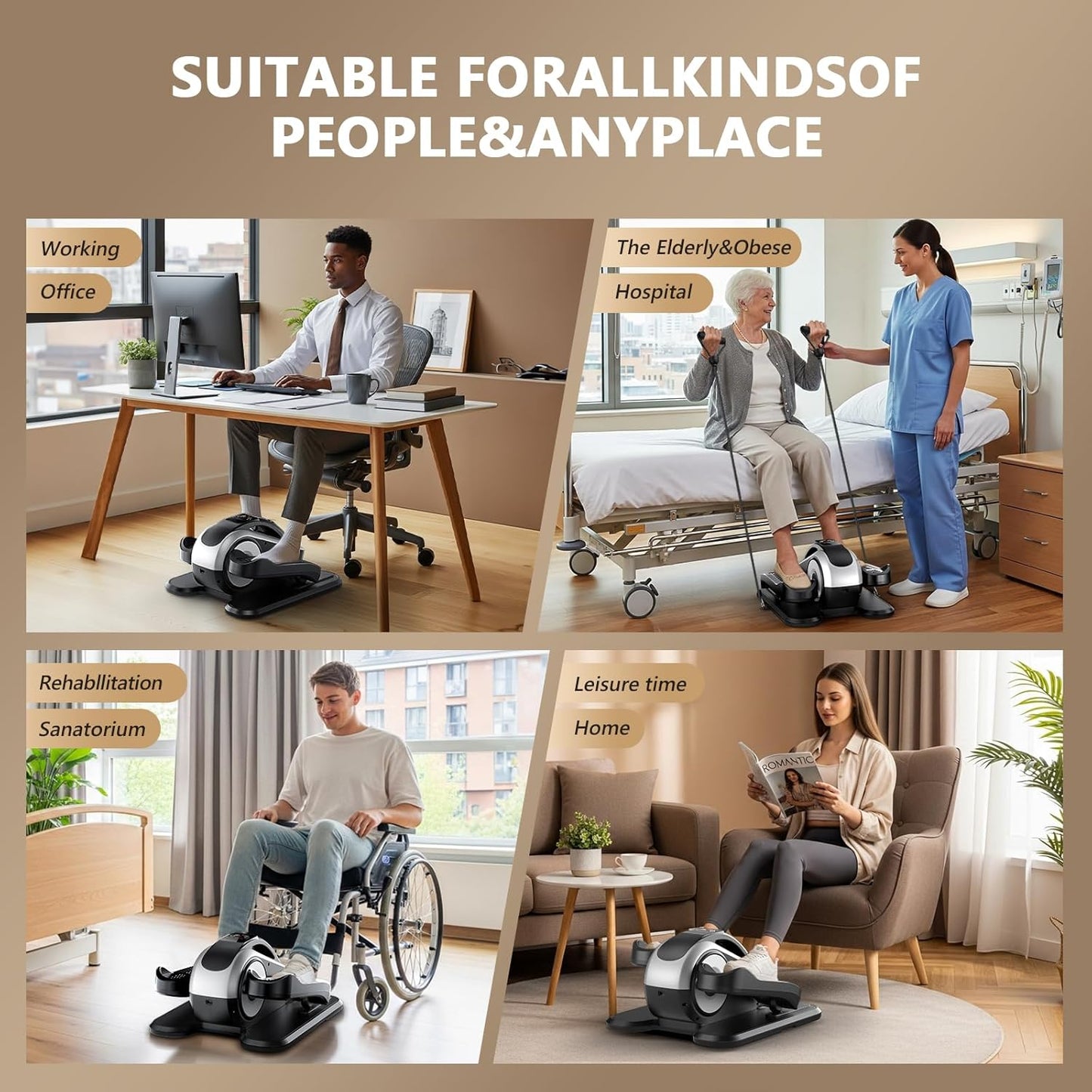 Under Desk Elliptical Machine for Seniors, Large Size Electric Leg Exerciser with 12 Adjustable Speeds & 12 Modes, Remote Control, Elastic Rope, Manual & Auto Mode for Home Office Use