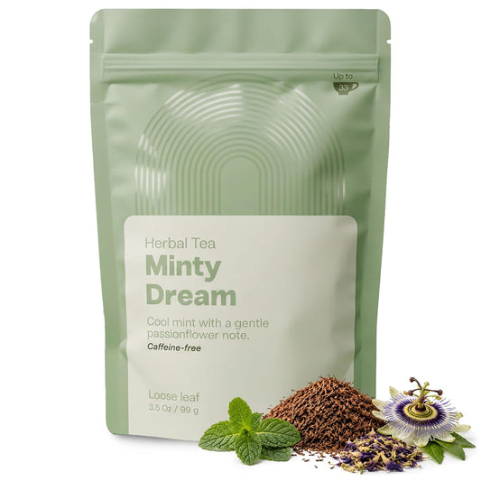 Viante Minty Dream Caffeine Free Herbal Tea, Loose Leaf Peppermint Tea with Rooibos and Passionflower, Naturally Caffeine Free Evening Tea, Calm Wind Down Blend, 3.5 oz Resealable Pouch