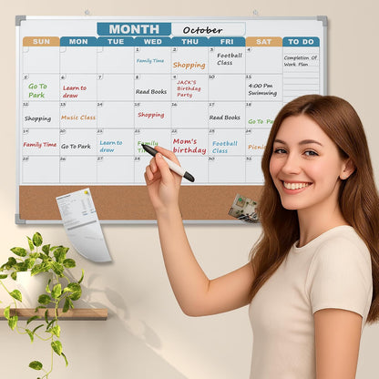 Monthly Calendar Dry Erase Board 16x12 Inch, Double-Sided Whiteboard and Corkboard Combo, Wall Mounted Planner Organizer with Markers, Magnets, Push Pins, Eraser, for Home Office School