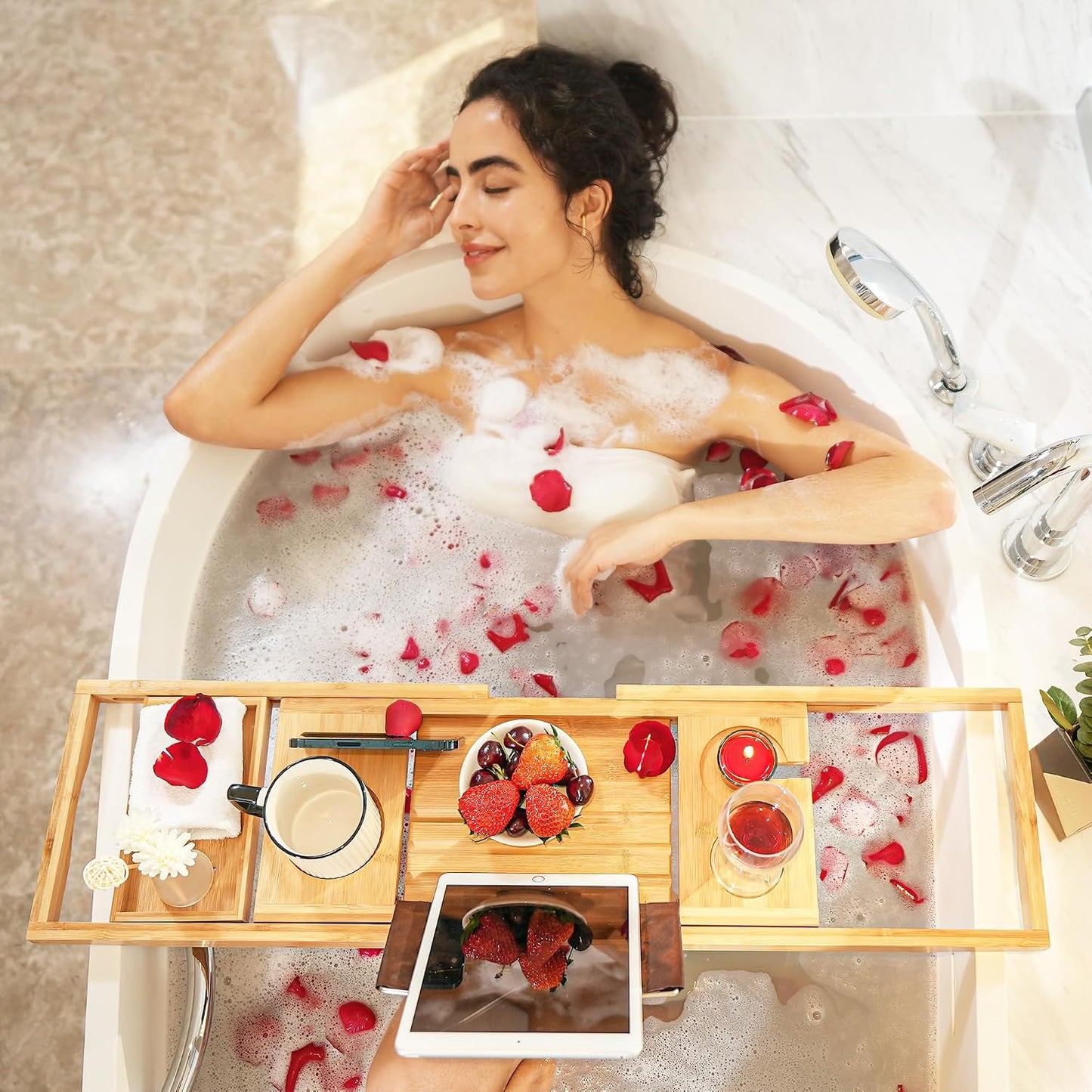 VaeFae Premium Teak Bathtub Tray, Expandable Wooden Bath Tray for Tub, Luxury Bathtub & Bathroom Accessories, Great House Warming, Anniversary & Wedding and Birthday Gifts (Free Teak Body Brush)