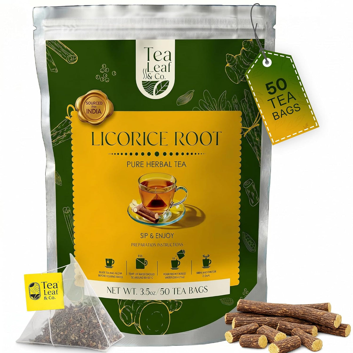 Licorice Root Herbal Tea 100gm/3.5oz, Natural Herbal Infusion, 50 Tea Bags
