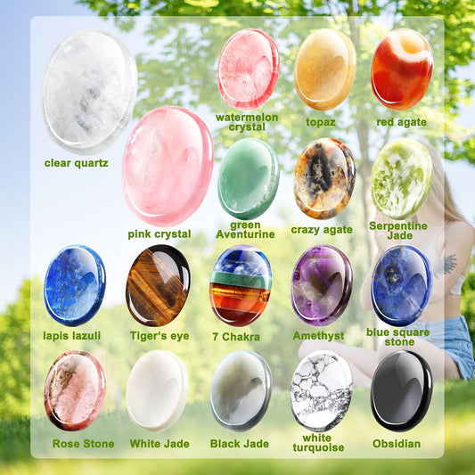 Fumete 18 Pcs Thumb Worry Stones Bulk,Chakra Crystal for Anxiety Relief,A