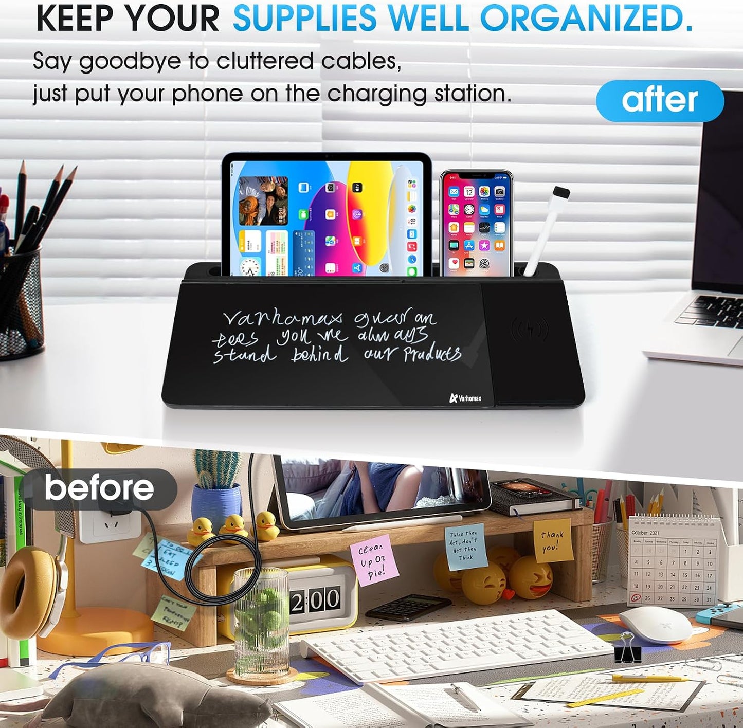 Varhomax Glass Weekly Dry Erase Desk White Board, Desktop to Do List Planner Whiteboard Calendar with Storage Caddy Memo for Home and Office, White