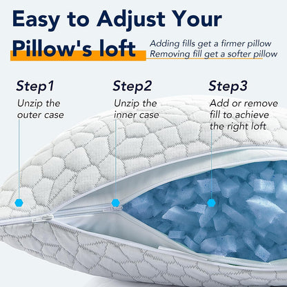 QUTOOL Cooling Pillow for Sleeping, CertiPUR-US Shredded Memory Foam Queen Pillows Set of 2, Cool Pillow for Hot Sleepers Adjustable Firm Pillow for Side, Back, Stomach Sleepers Soft Yet Support,White