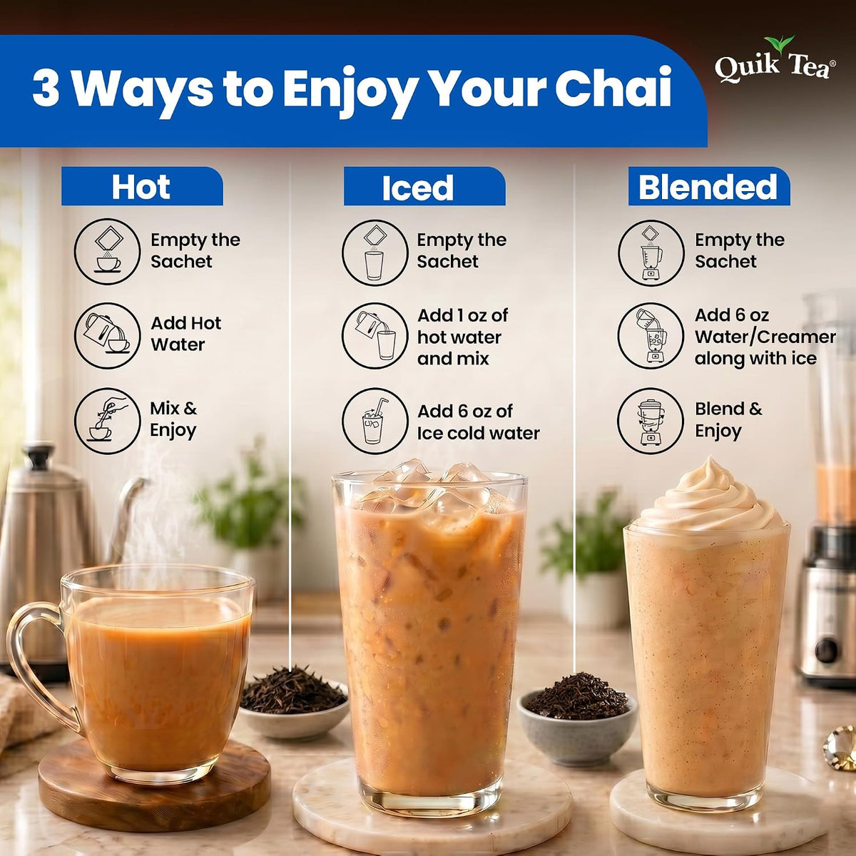 QuikTea Instant Chai Tea Latte Mix, Masala, Unsweetened, 20 Sachets