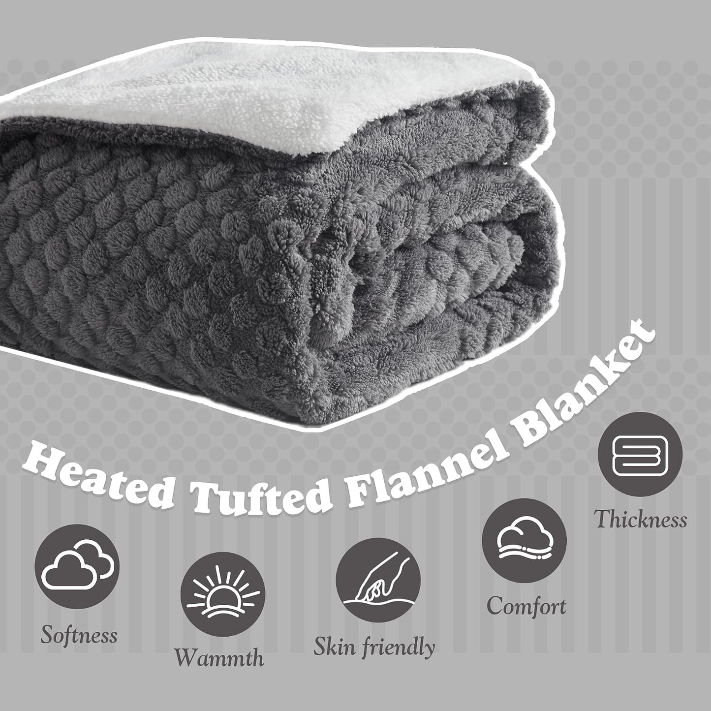 Heated Throw Blanket - Fast Heating 3D Jacquard Electric Heated Blanket, Cozy Heating Blanket with 6 Heating Settings & 4 Hours Auto-Off, Machine Washable, 50"x60", London Grey