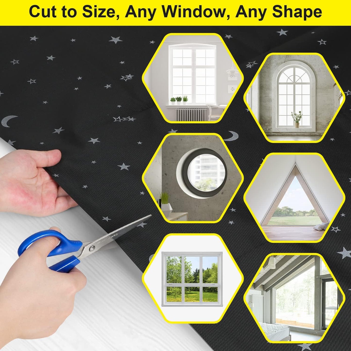 FADOTY Blackout Curtains for Bedroom, Portable 100% Black Out Window Cover Film, Cuttable Blackout Shades Fabric Sheet, No Drill Window Blinds, Sun Heat Light Blocker for Travel Media Dorm, 57'' W