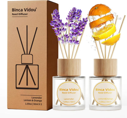 Reed Diffuser Set, Binca Vidou Lavender & Vanilla Natural Scent Oil Diffusers with Sticks for Home Office Bathroom Aromatherapy Decor 1.69oz x 2