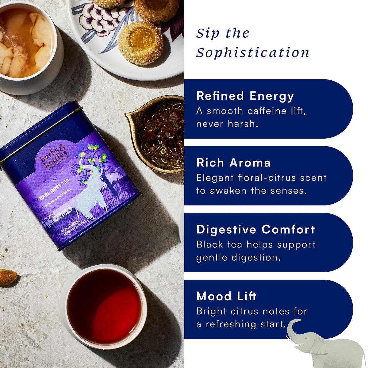 Herbs & Kettles Double Bergamot Earl Grey Tea ,1.06 oz | Whole Leaf Assam Black Tea Infused with Italian Bergamot Oil | Premium Loose Leaf Earl Grey with Smooth Citrus Aroma & Velvety Finish | Makes 12–14 Servings, 20-30 Cups | Gourmet Tea Gift