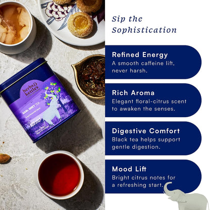 Herbs & Kettles Double Bergamot Earl Grey Tea ,1.06 oz | Whole Leaf Assam Black Tea Infused with Italian Bergamot Oil | Premium Loose Leaf Earl Grey with Smooth Citrus Aroma & Velvety Finish | Makes 12–14 Servings, 20-30 Cups | Gourmet Tea Gift