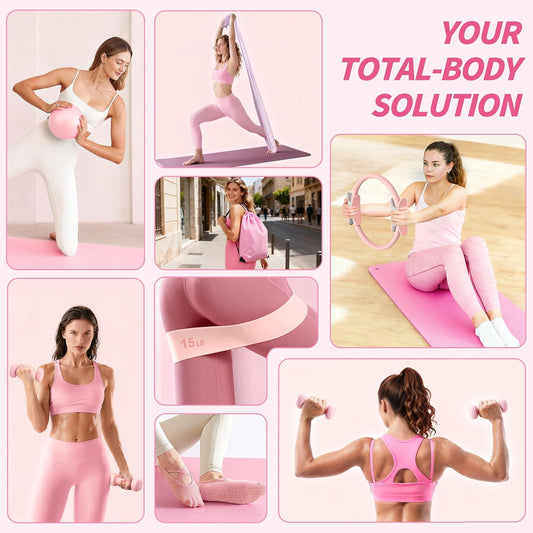 NANATI Pilates Kit, Home Pilates Workout Kit for Women, Pilates Equipment with 14.5" Pilates Ring and Ball, Resistance Bands, Dumbbells & Grip Socks for Home Workouts