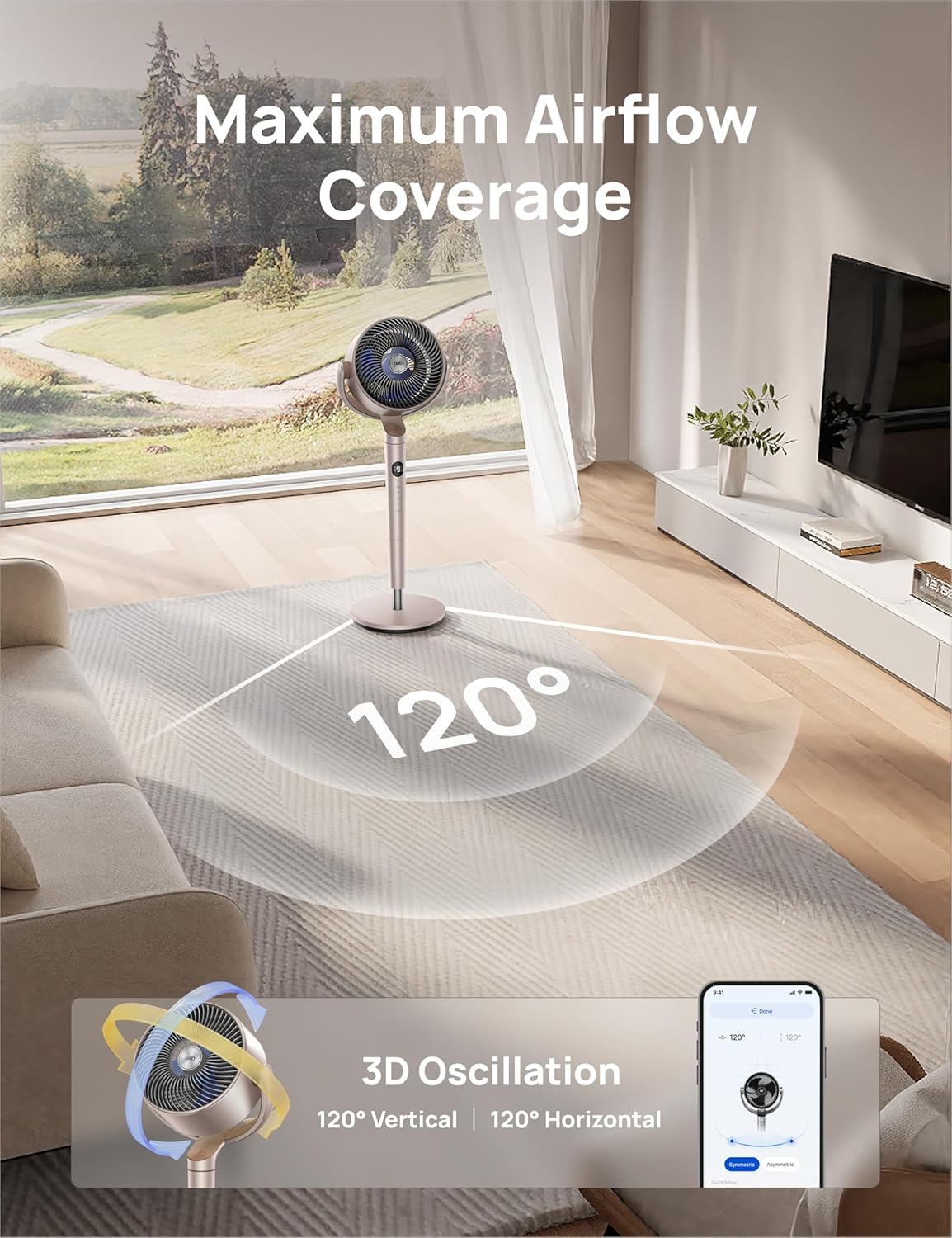 DREO Smart Fan for Bedroom, 120° +120° Omni-Directional Oscillating Fans, 100ft Quiet Pedestal Fan with RGB Light, 9 Speeds, 6 Modes, 20dB, 8H Timer, Wi-Fi/Voice/Alexa, 35-40" Floor Fans with Remote