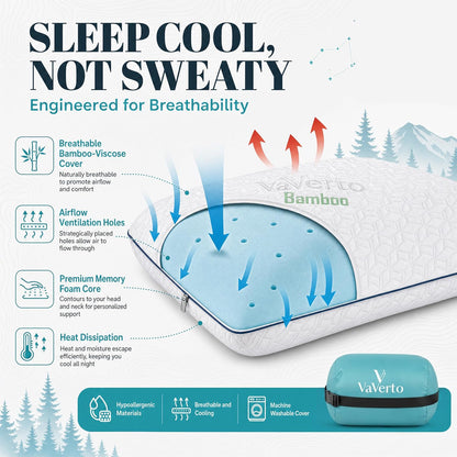 Cooling Gel Memory Foam Pillows - 1-Pack - Standard Size Memory Foam Pillow For Sleeping - Firm Pillow - Back, Stomach & Side Sleeper - Shoulder & Back Pain Relief - Washable, Bamboo Viscose Cover