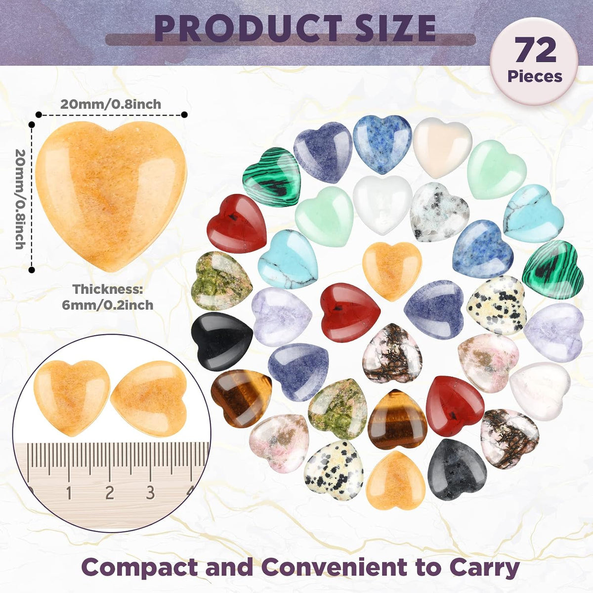 Nuenen 72 Pcs Heart Worry Healing Stone 0.8 in Polished Crystal Chakra Gems