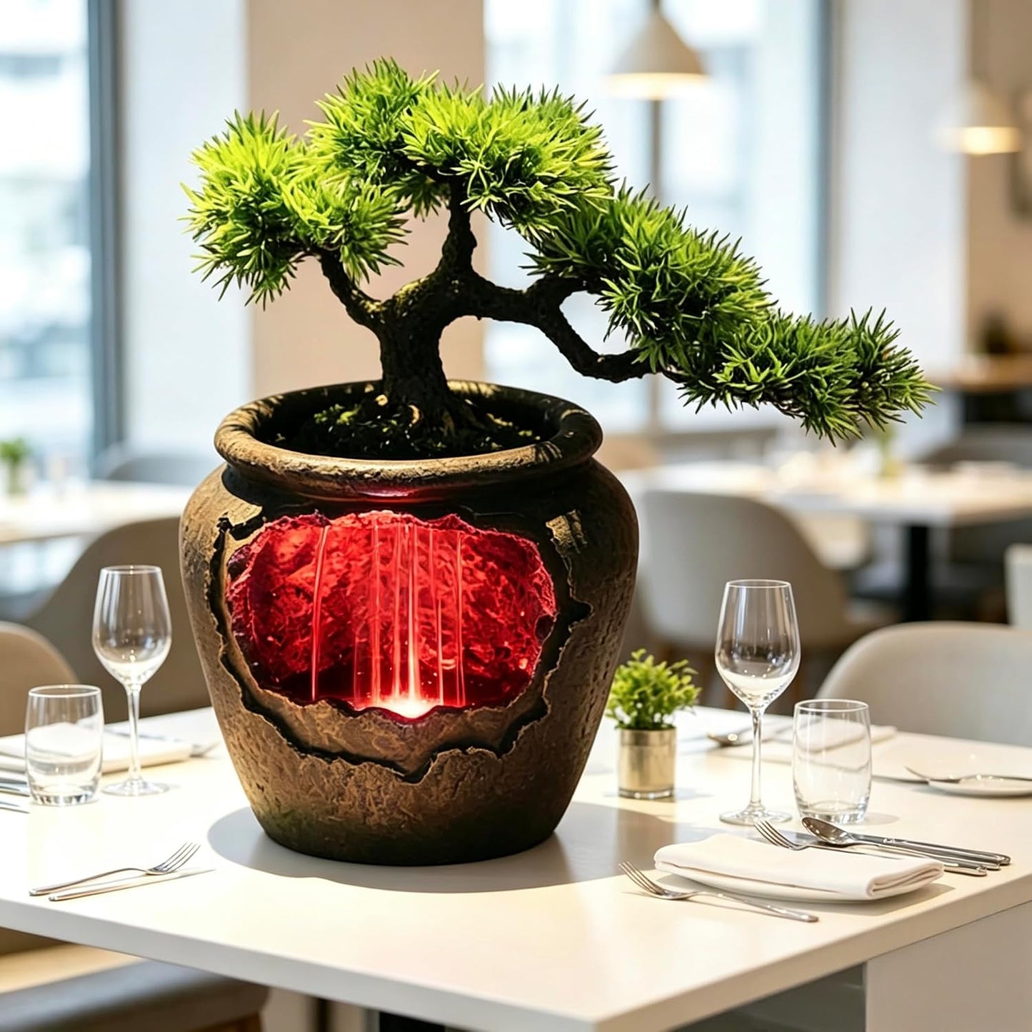 Mini Artificial Bonsai Tree Waterfall Fog Feature Rock Tabletop Fountain | 11in Desktop Decor Waterfall Fountain W/ Water Pump& Atomizer&LED Lights &Fake Tree Office Bedroom Relax