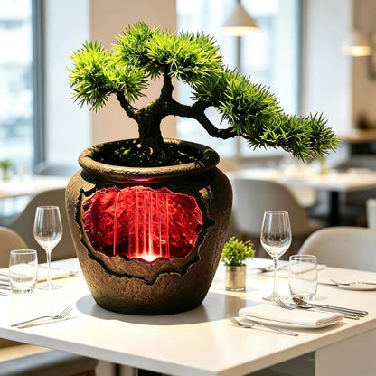 Mini Artificial Bonsai Tree Waterfall Fog Feature Rock Tabletop Fountain | 11in Desktop Decor Waterfall Fountain W/ Water Pump& Atomizer&LED Lights &Fake Tree Office Bedroom Relax