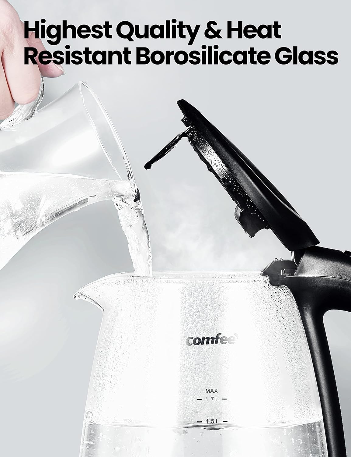 COMFEE' 1.7L Glass Tea Kettle and Kettle Water Boiler - Electric Kettle Temperature Control with 6 Presets, 2-Hr Keep Warm, Fast Heating, 304 Stainless Steel, Auto-Off and Boil-Dry Protection