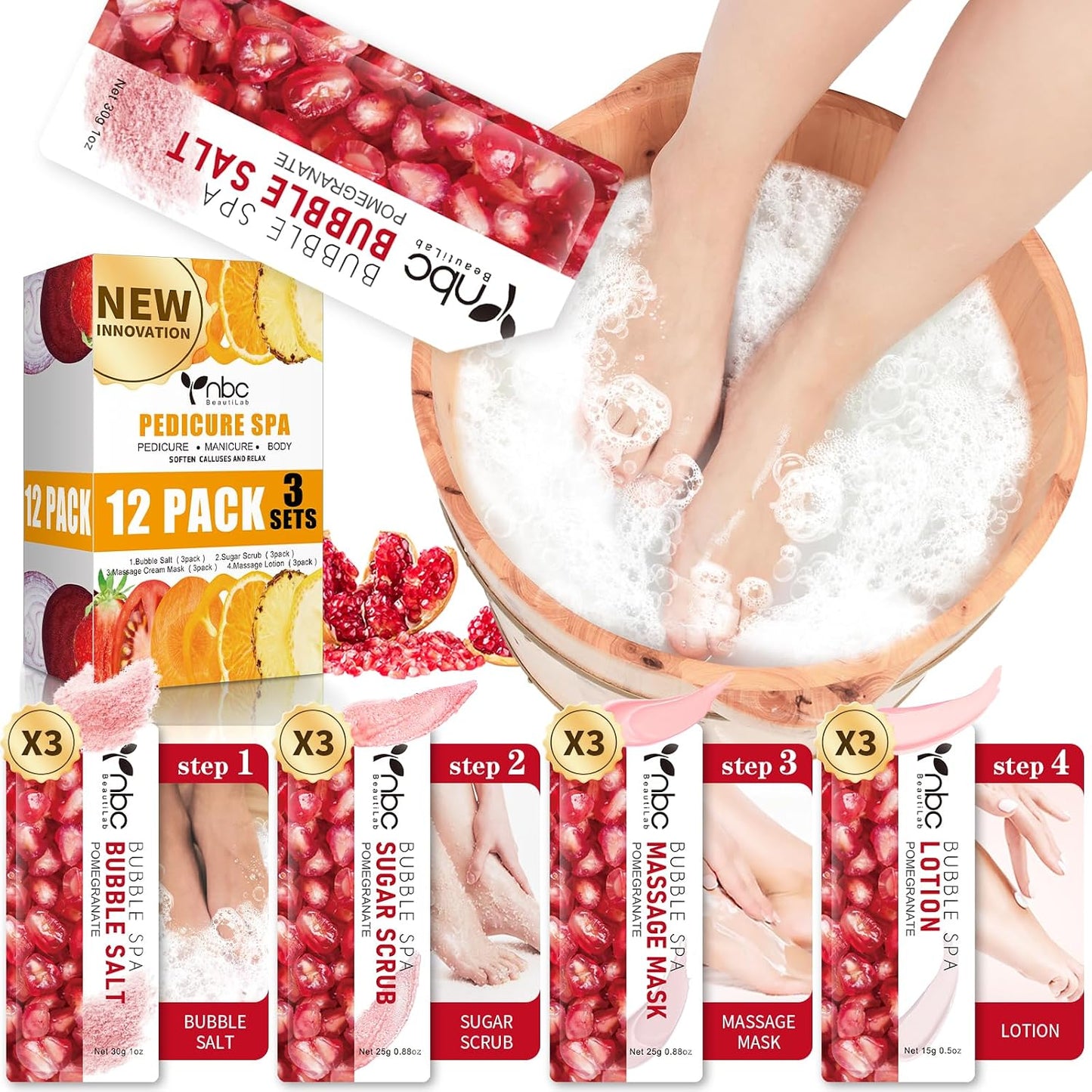 Pedicure Kit Foot Soak Set: Bubble Salt, Sugar Scrub, Massage Mask, Massage Lotion in a Box, 4 Step Foot Spa Kit for Dry Feet, Softens Calluses, Tired Feet（3 Set Lavender) - Colors A