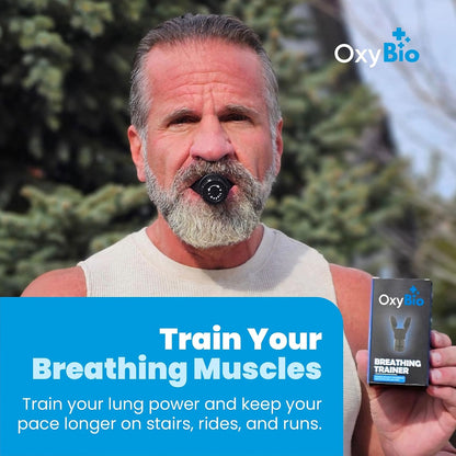 Oxy Respiratory Trainer | Breathe Easier with Stronger Lungs | Made with High Grade Silicone | Breathing Exercise Device for Lungs | Portable | Adjustable Resistance Settings | Black