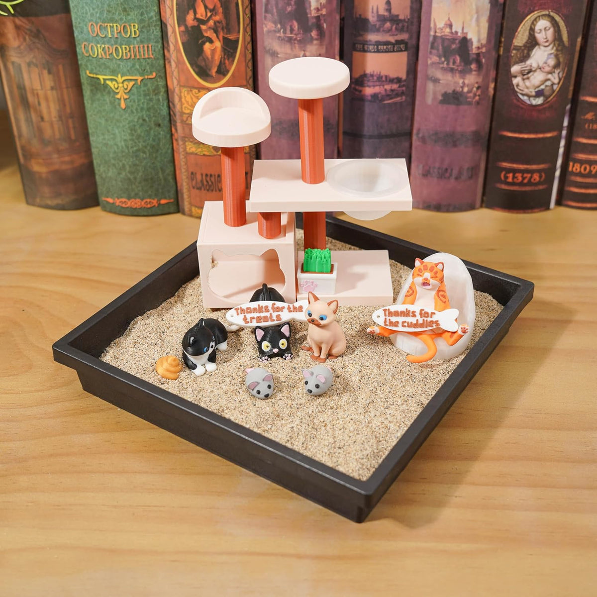 Tian Zhun Cat Lover Gifts for Women Adults Cat Mom Gifts Mini Zen Garden for Desk Cats Themed Gift Sand Tray Therapy Kit Sand Included
