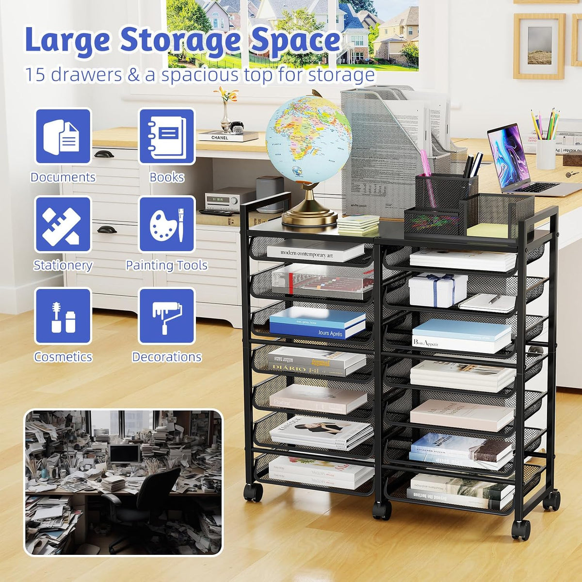 Simple Trending 12-Tier Rolling File Cart, Desk File Organizer with 11 Mesh Sliding Trays, Letter & Legal Paper Storage Rolling Utility Cart for Office Home School, Black