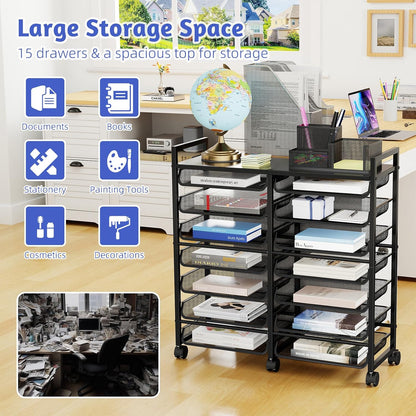 Simple Trending 12-Tier Rolling File Cart, Desk File Organizer with 11 Mesh Sliding Trays, Letter & Legal Paper Storage Rolling Utility Cart for Office Home School, Black
