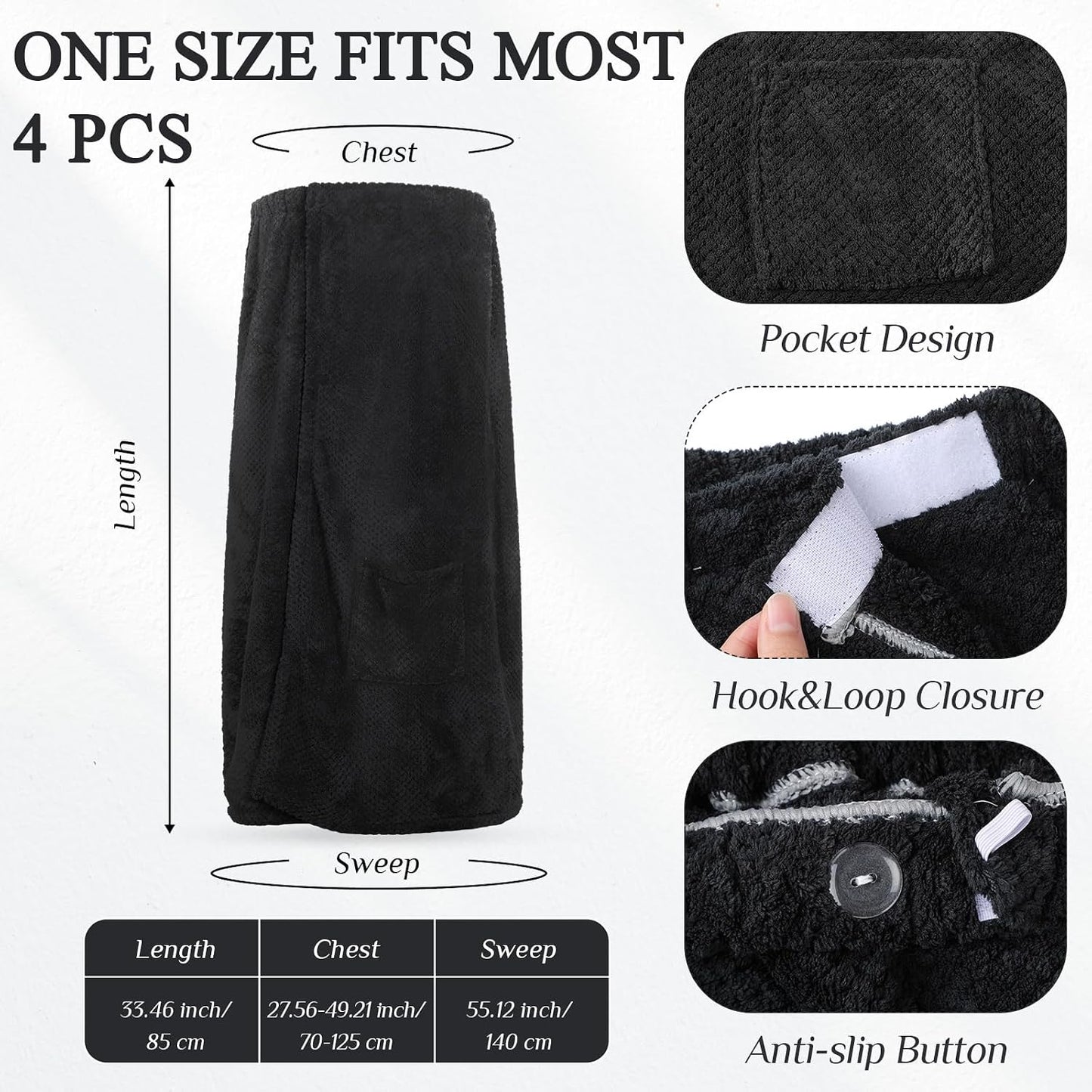 Tigeen 4 Pcs Spa Wraps for Women Waffle Spa Robe with Pocket Adjustable Closure Lightweight Towel Wraps for Bath Shower(Black)