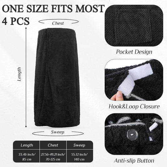 Tigeen 4 Pcs Spa Wraps for Women Waffle Spa Robe with Pocket Adjustable Closure Lightweight Towel Wraps for Bath Shower(Black)