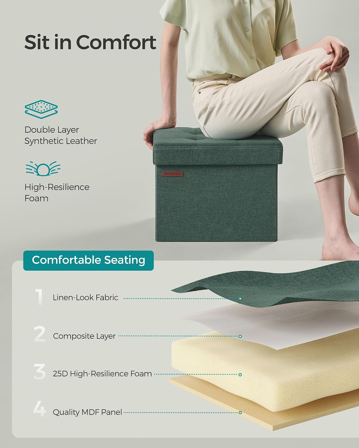 SONGMICS Mazie Collection - Small Folding Storage Ottoman, Foot Rest Stool, 12.2 x 16.1 x 12.2 Inches, 286 lb Load Capacity, for Living Room, Bedroom, Home Office, Dorm, Dark Gray ULSF102G01