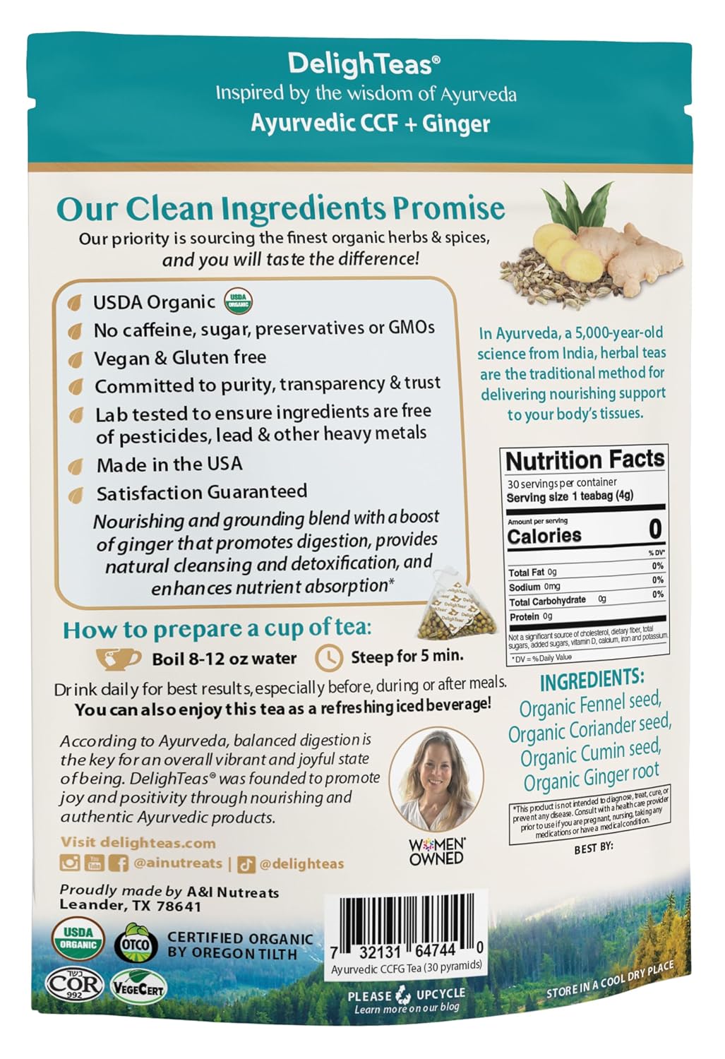 DelighTeas Organic Digest & Detox CCF Tea with Ginger | Eco-Conscious Pyramid Tea Bags | Ayurvedic Cumin Coriander Fennel Ginger Tea | USDA Organic, Vegan, Caffeine Free, Kosher | 30 Tea Bags, 4g each