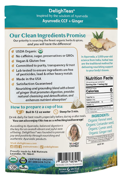 DelighTeas Organic Digest & Detox CCF Tea with Ginger | Eco-Conscious Pyramid Tea Bags | Ayurvedic Cumin Coriander Fennel Ginger Tea | USDA Organic, Vegan, Caffeine Free, Kosher | 30 Tea Bags, 4g each