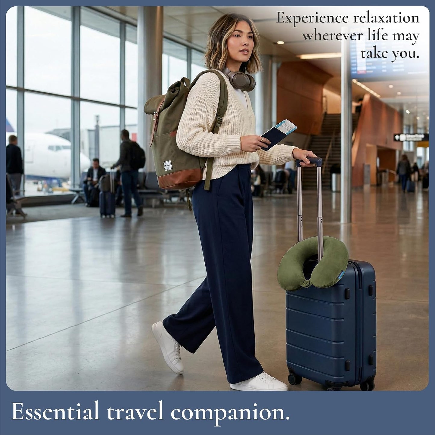Brookstone Travel Neck Pillow - Lightweight U-Shaped Memory Foam Travel Pillow for Airplane, Car Travels & Sleeping, Blue