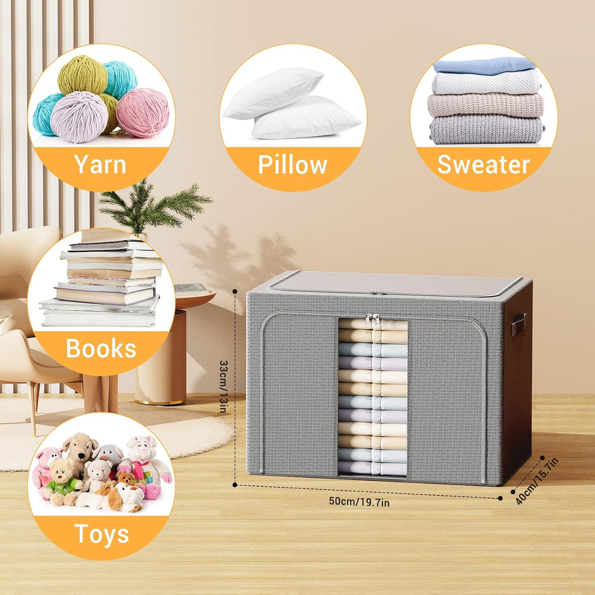 Clothes Storage Bins with Metal Frame Foldable Storage Box Clothes Organizers Storage Containers for Clothes Sheets Blankets Books Toys Gifts and Holiday Decorations (66Lx3 Pack)