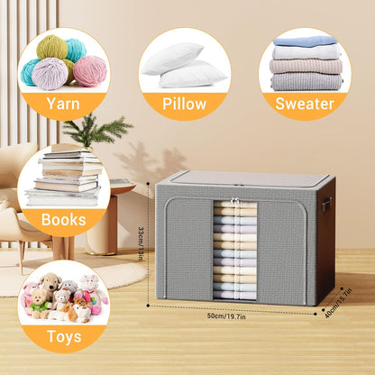 Clothes Storage Bins with Metal Frame Foldable Storage Box Clothes Organizers Storage Containers for Clothes Sheets Blankets Books Toys Gifts and Holiday Decorations (66Lx3 Pack)