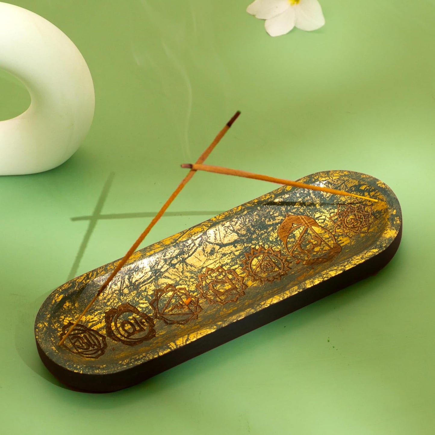 Hand Carved Incense Holder-Incense Burner/Ash Catcher/Handmade Wooden Insence Tray – Modern Gift Home/Room/Seven Chakra Blue Gold Kitchen Décor Size 11x4x1.5 Inches
