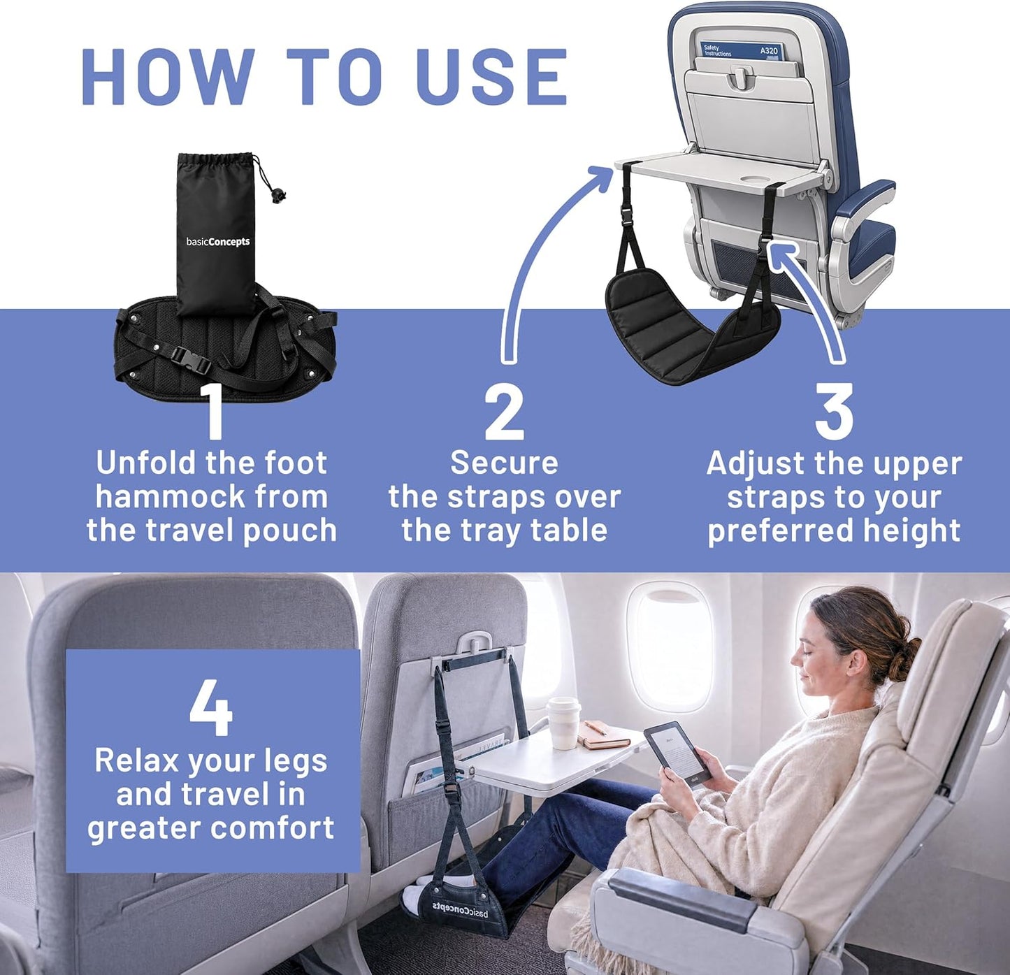 BASIC CONCEPTS Airplane Adjustable Foot Hammock (2 Pack), Perfect or Office Footrest to Relax Your Feet (Memory Foam) - for Travel Accessories, Desk Hammock, Comfy Hanger