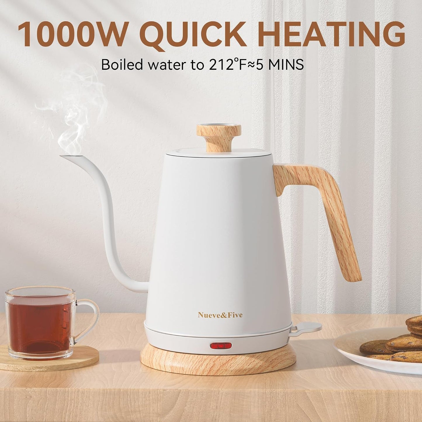 Nueve&Five Gooseneck Electric Kettle with Thermometer, Copper Tea Kettle with Auto Shut-Off,1000W Hot Water Kettle Electric of Stainless Steel,Electric Kettles for,Coffee & Tea