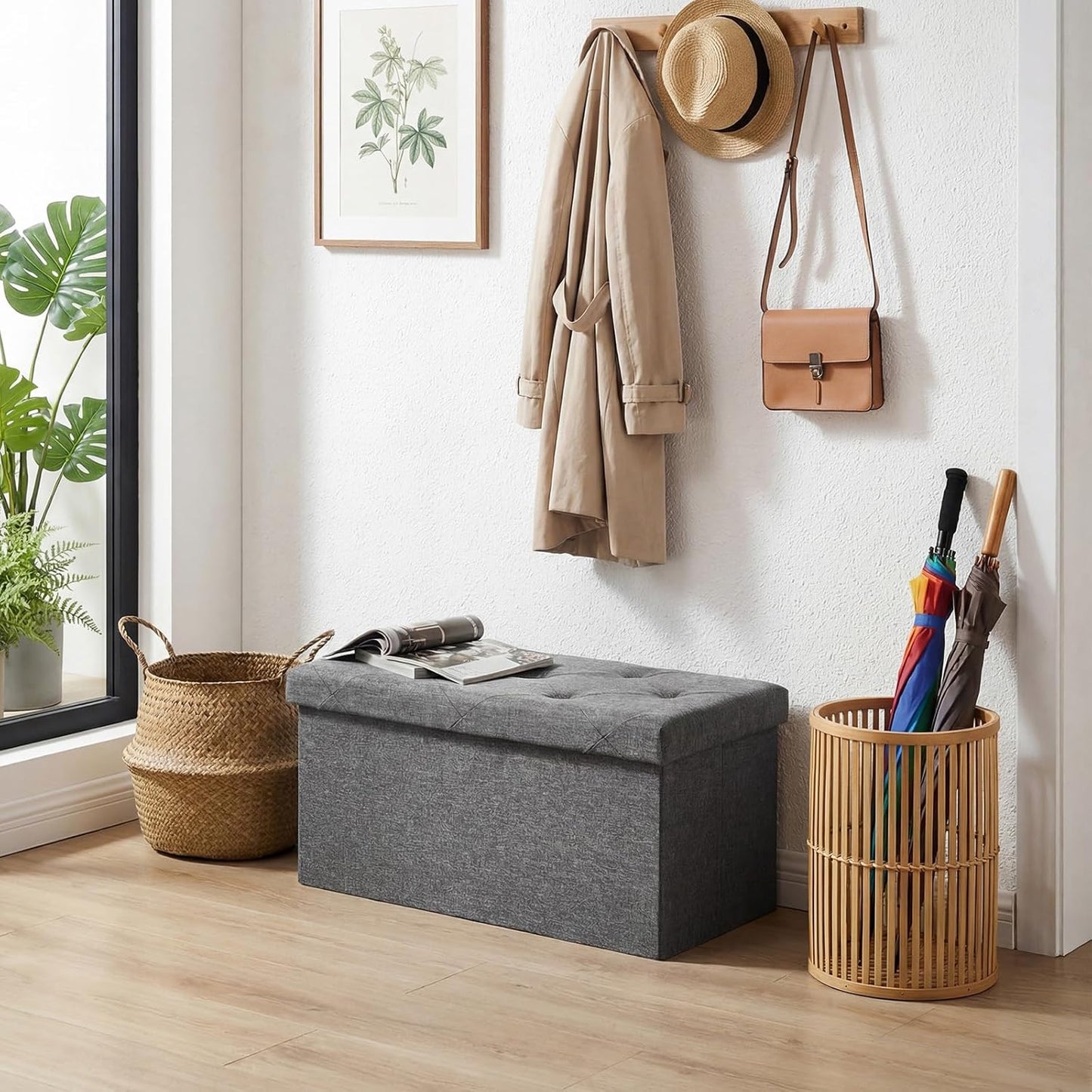 DUMOS 43 Inch Folding Storage Ottoman Bench, Large Hidden Storage Chest with Thicker Foam Padded Seat, End of Bed Foot Rest Stool for Bedroom Living Room Entryway, Load 660 lbs, Grey