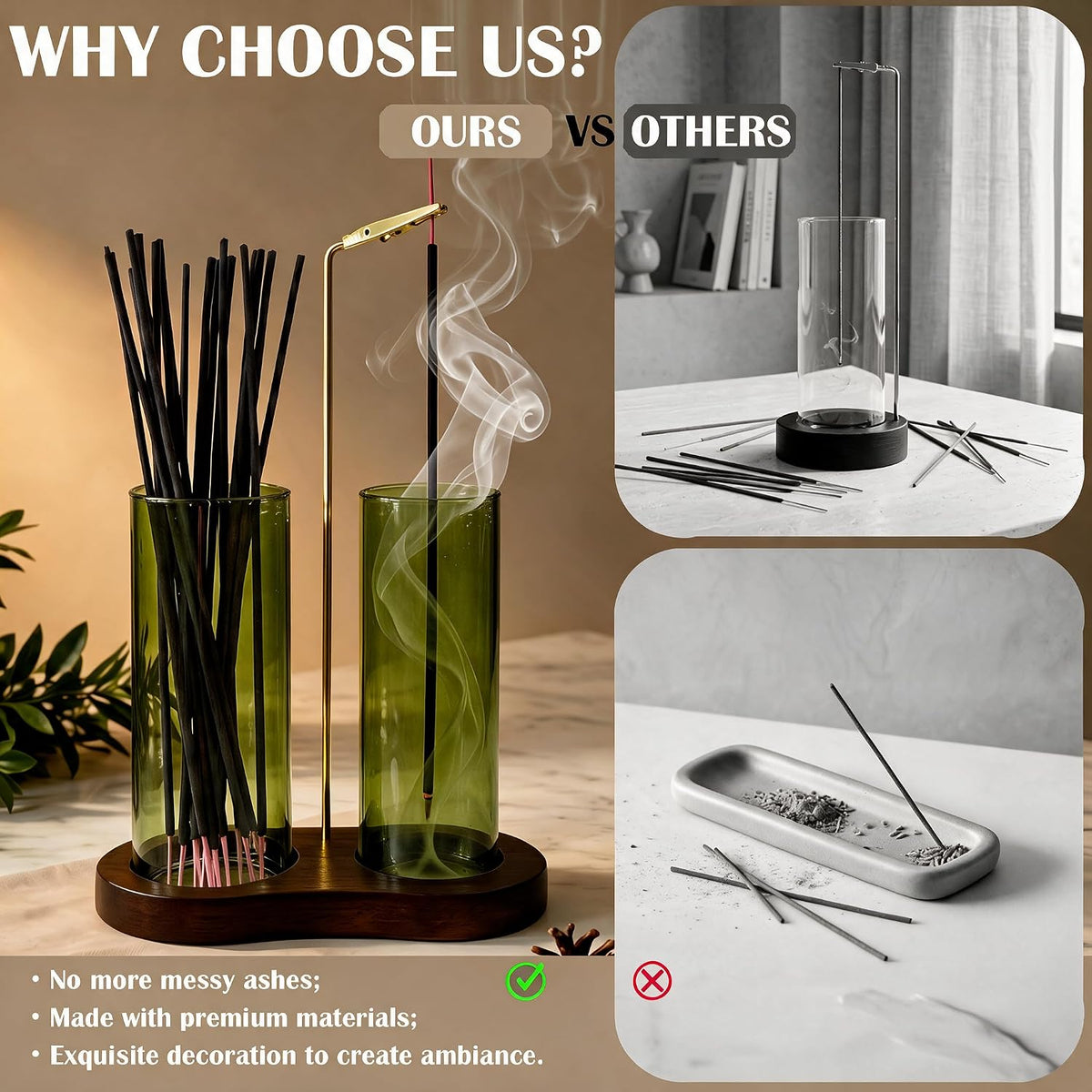 2 in 1 Anti-Ash Incense Holder for Sticks, Upside Down Hanging Incense Burner with Removable Glass Ash Catcher and Wooden Base, Modern Vertical Zen Decor for Home Office Yoga Meditation Room（Clear）