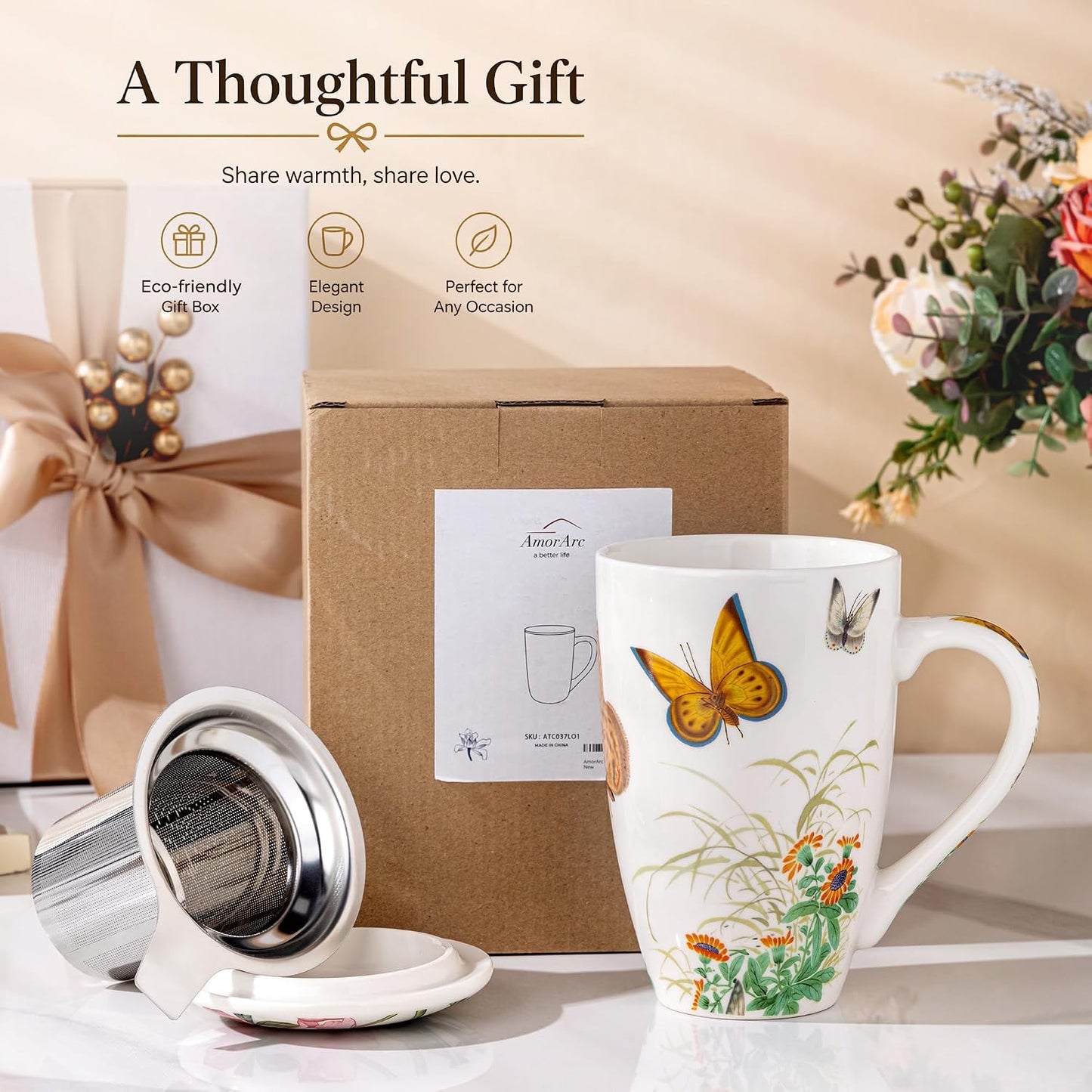 AmorArc 18oz Porcelain Tea Mug with Infuser & Lid, Loose Leaf Tea Cup with Stainless Steel Strainer, Large Coffee Mug Gift for Women, Tea Lovers, Home & Office