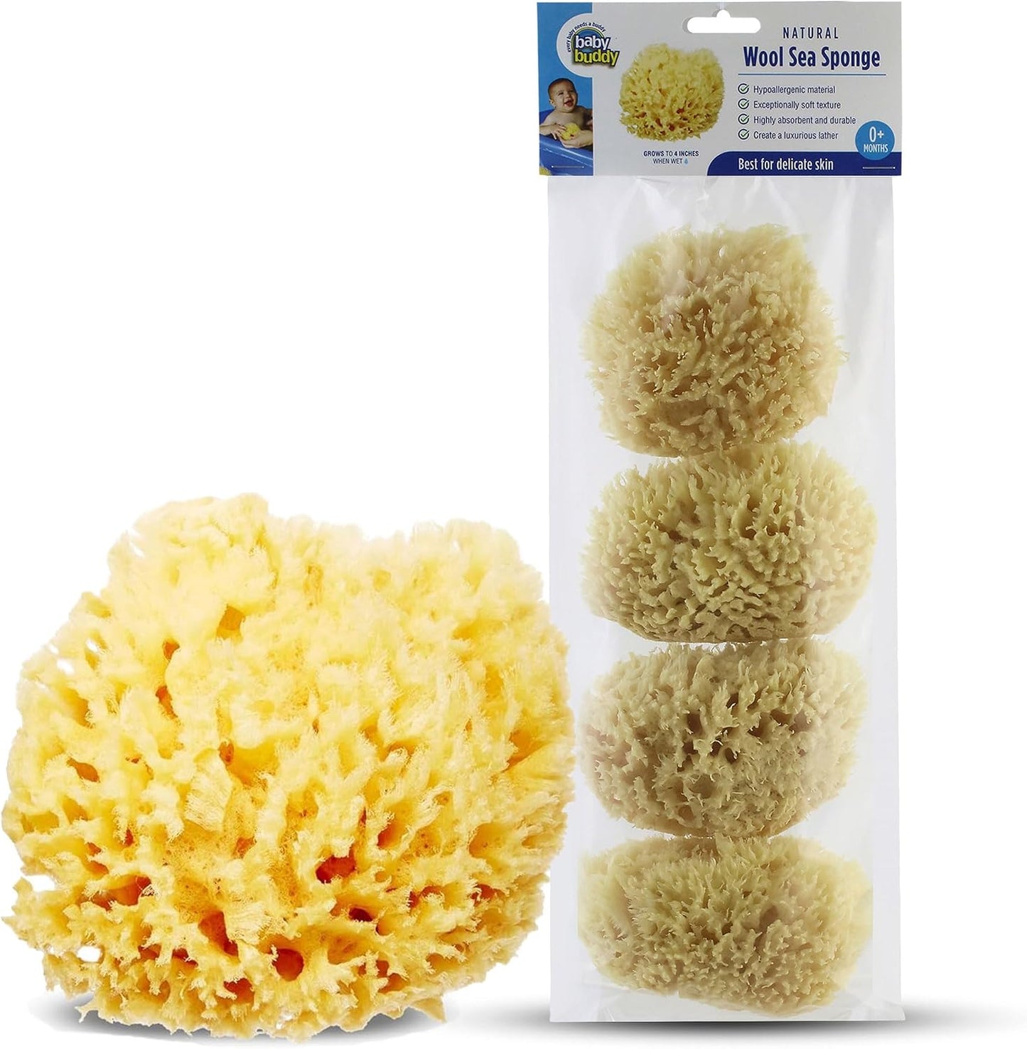 Baby Buddy Natural Wool Sea Sponge, Newborn Bath Time Essential, Ultra Soft for Delicate Skin, Hypoallergenic and Biodegradable, 2 Pack