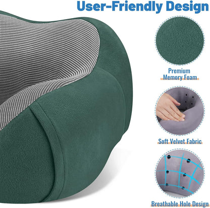 CloudBliss Travel Pillow for Airplane, Memory Foam Neck Pillow for Travel, Compact Flight Pillow with Eye Mask, Earplugs, Carry Bag, Travel Neck Pillow for Long Flight Sleep, Plane Accessories, Black