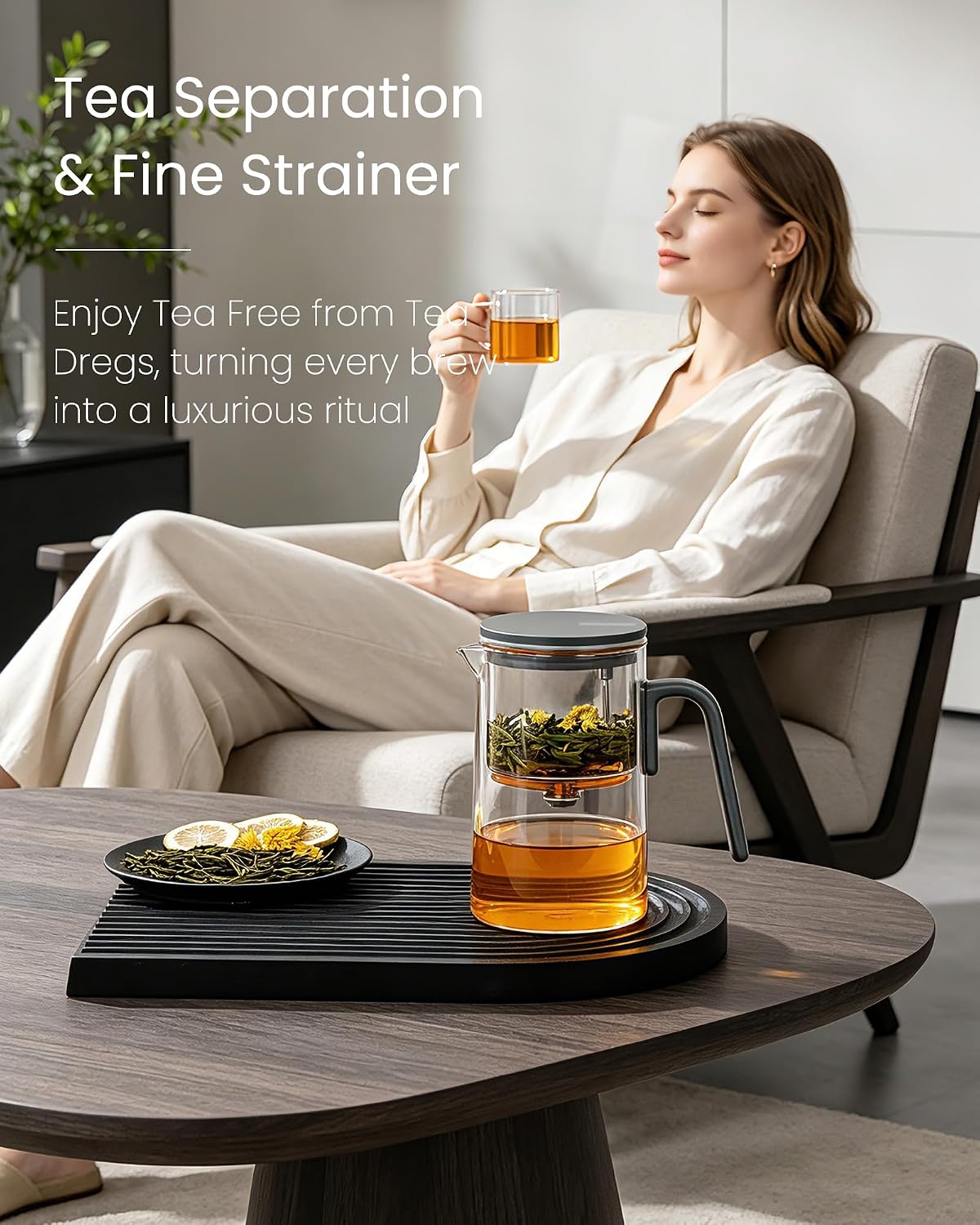 ZENS Magnetic Tea Pot, Enchanted Glass Teapot with Infuser and Magnetic Suction Lid for Mess-Free Loose Tea Diffusers, Walnut Wood Handle, Tea Lovers Gifts