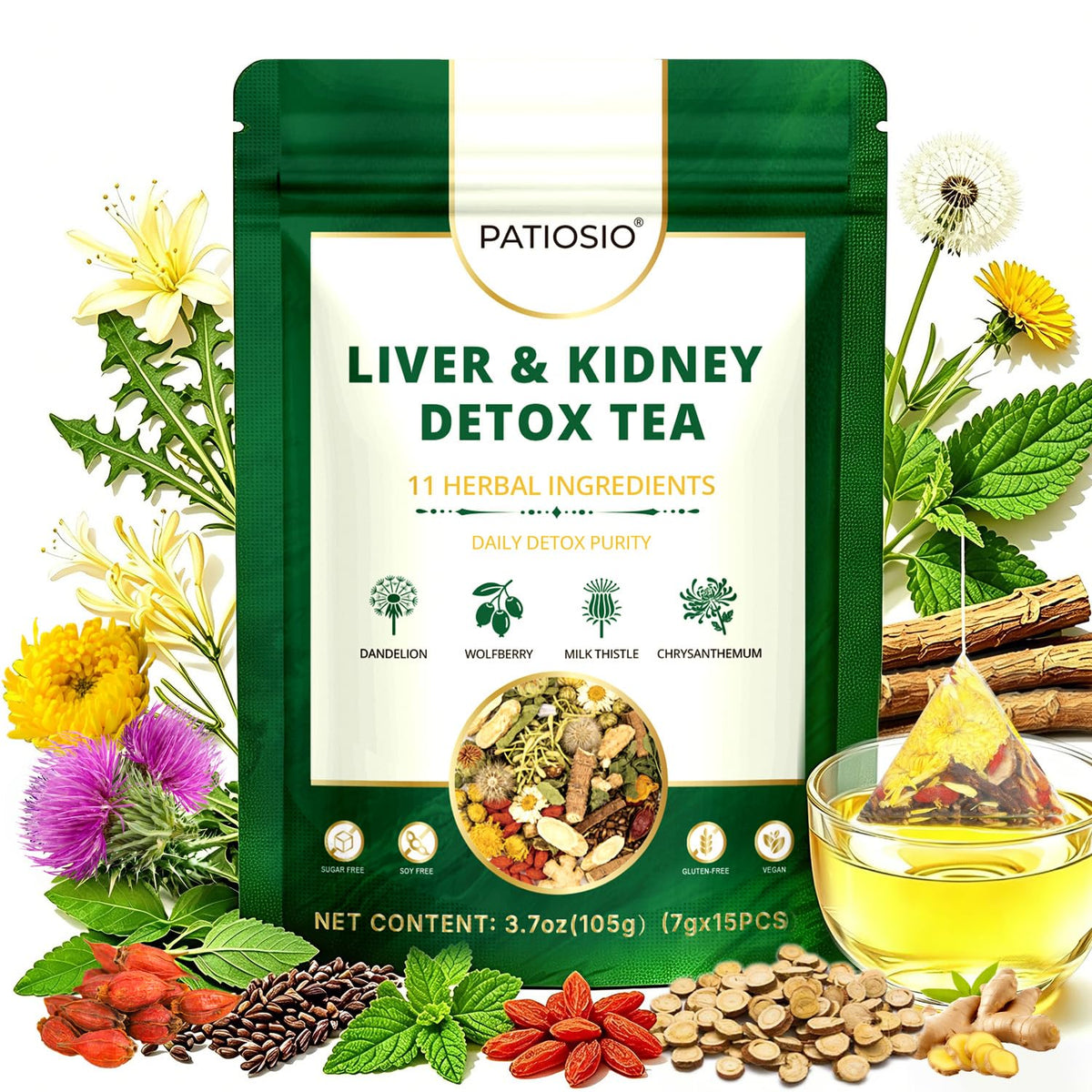 Liver & Kidney Detox Cleanse Herbal Tea - 11 Herbal Ingredients, Natural Blend Dandelion Wolfberry Goji Berry Milk Thistle & Chrysanthemum Tea - Chinese Kidney & Liver Health Tea Bags, Caffeine & Sugar Free, 15 Servings