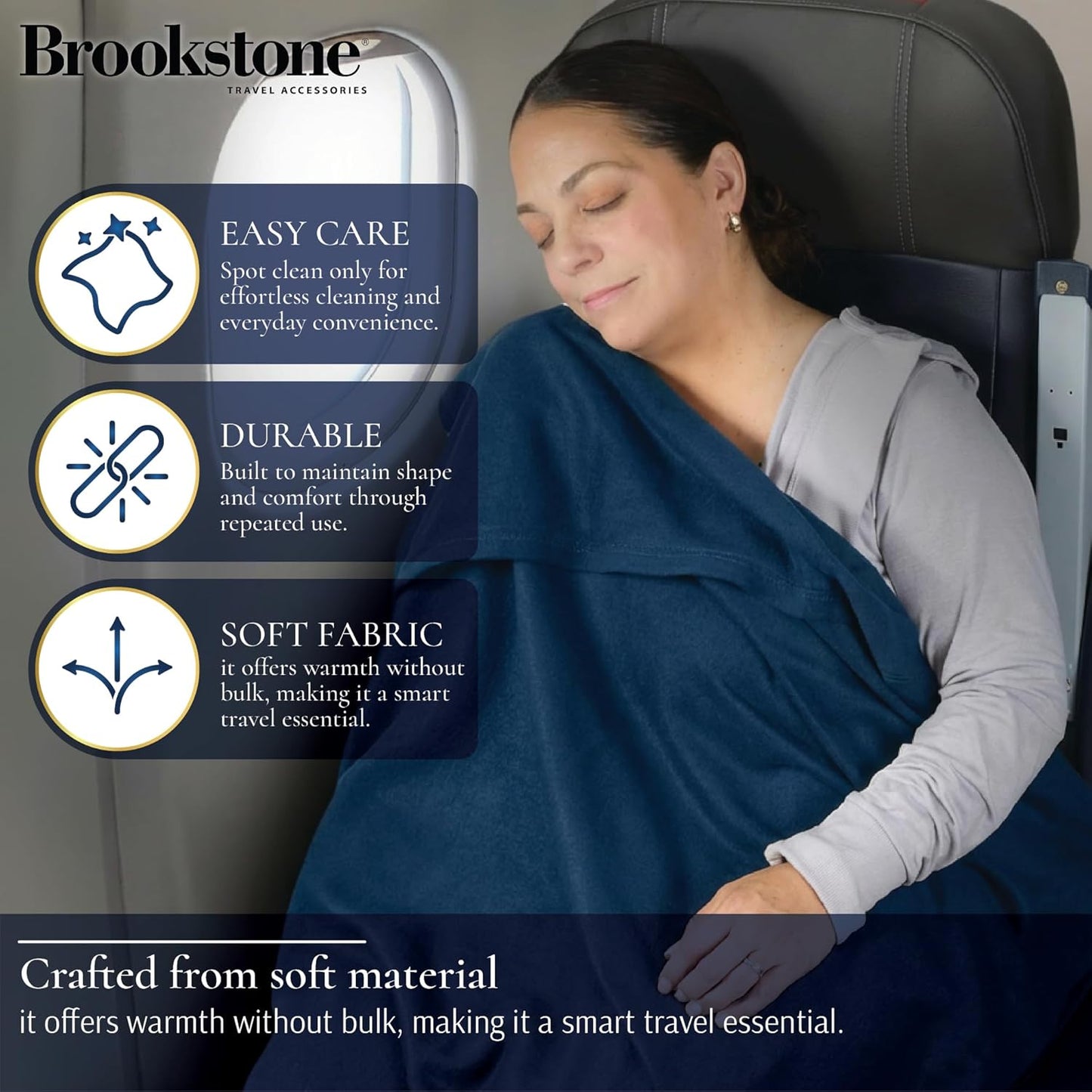 Brookstone Travel Blanket - 2-in-1 Super Soft Lightweight Throw Blanket with Carrying Pouch, Airplane & Car Travel Essentials, Blue